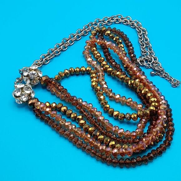 Long Crystal Necklace, Three Crystal Strands, Clear Rhinestone Beads, 37 Inches - Picture 8 of 10